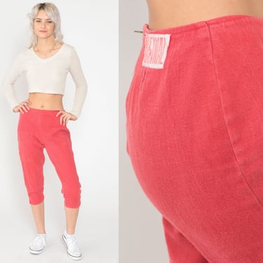 90s Capri Pants Red Cropped Trousers High Waist Rise Capris Retro Summer Clam-Diggers Highwaters Flood Pants Vintage 1990s Small 28 
