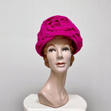 Vintage 1960s Magenta Velvet Bucket Hat, Fuchsia Flowerpot Hat with Giant Roses, Mid-Century Accessory, Gift for Her, Large 