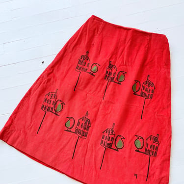 1960s The Vested Gentress Red Corduroy Bird + Birdhouse Skirt 