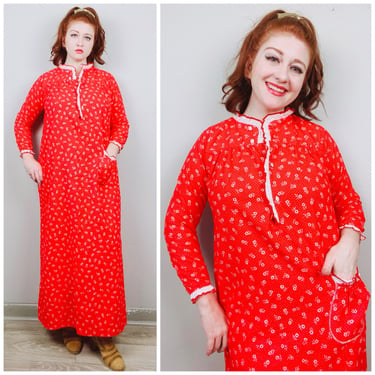 1970s Vintage 100% Cotton Red Floral Night Dress / 70s / Seventies Flannel Ruffled Maxi Gown / Size Medium 