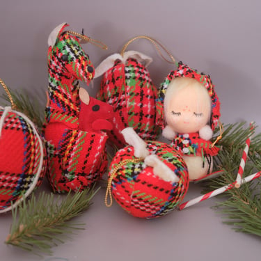 Vintage 1960s Red Tartan Plaid Christmas Ornaments. Made in Japan 