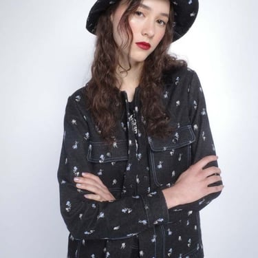 Anna Sui Denim Embroidered Roses Oversized Brim Hat - Black Multi