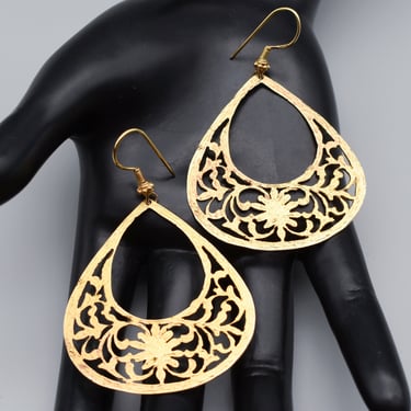 Big 70's sterling vermeil flowering vine teardrop dangles, gilded 925 silver boho shoulder dusters 