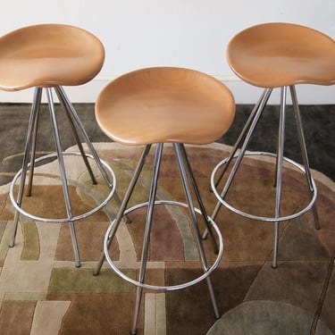 Set of 3 Amat-3 JAMAICA COUNTER STOOLS 28" High, Solid Beech Wood Seat + Chrome, Pepe Cortes Barstool, Mid-Century Modern eames knoll era 