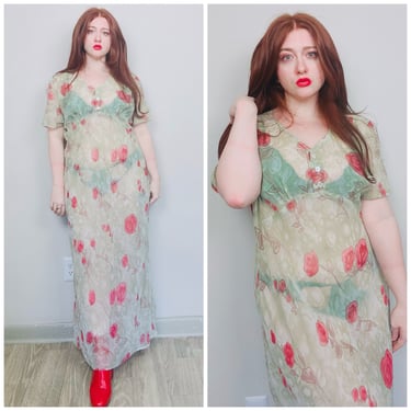 1990s Vintage St Tropez By Carole Little Sheer Green Bias Cut Dress / 90s Poly Chiffon Floral Wiggle Dress / XL 