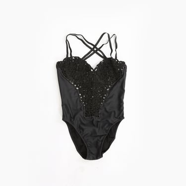 90s black embroidered rope one-piece swimsuit made in Spain 