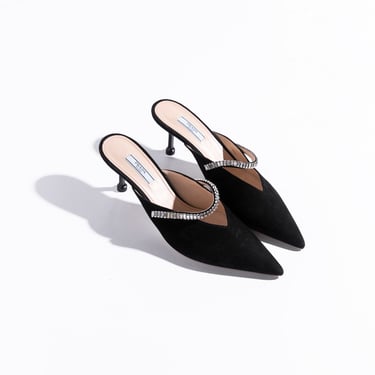 PRADA Black Suede Rhinestone Mules (Sz. 40.5)