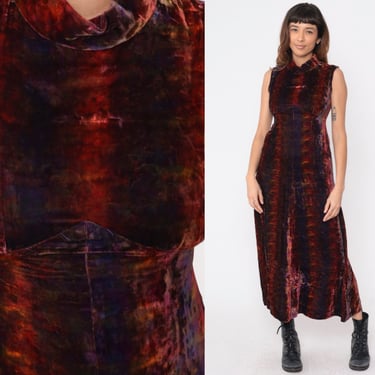 Ombre Velvet Dress 70s Maxi Party Tie Dye Prom Bohemian Formal Boho Empire Waist Mock Neck Vintage Cocktail 1970s Red Sleeveless Small 4 