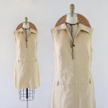 chamomile linen dress - m - vintage 90s y2k womens zip front gold beige size medium sleeveless minimal 