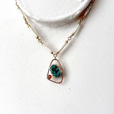 Turquoise and Spessartite Garnet Handmade Statement Abstract Pendant on Long Pearl Linked Choker Chain 