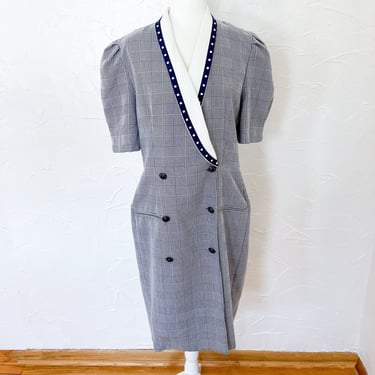 80s Houndstooth Polka Dot Double Breasted Suit Dress in Navy Blue and White | Extra Large 