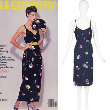 Chloé by Karl Lagerfeld 1979 S/S Vintage Floral Navy Silk Top & Wrap Skirt Set Sz S 
