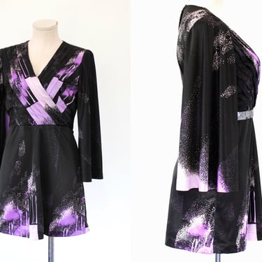 SALE - 1960s Novelty Print Bell Sleeve Mini Dress - Vintage 60s Nylon Knit Tree Silhouette Print Dress - Medium 