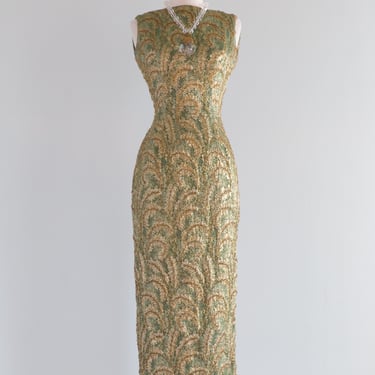 Show Stopping 1960's Olive Green Beaded Evening Gown / SM