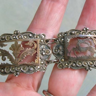 Vintage 900 Silver and Marcasite Panel Bracelet, 1930's Sterling and Vermeil Panel Bracelet, Vintage Silver and Gold Bracelet (#4566) 