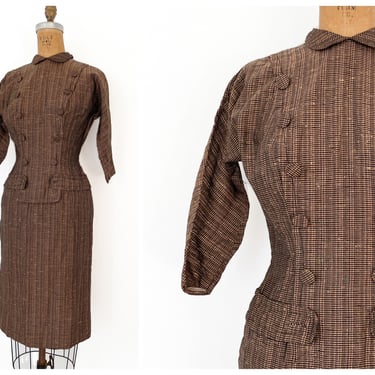 Vintage 1950’s Miss Cane New York designer dress | cinnamon or bronze & black woven check, mid century clothing, XS 