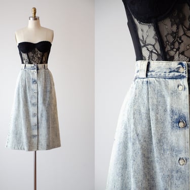acid wash jean skirt | 80s vintage faded denim fit and flare knee length skirt 