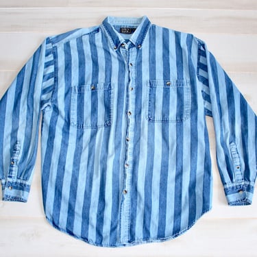Vintage 90s Oversized Denim Shirt, 1990s Jean Shirt, Button Up Shirt, Collar Shirt, Striped Shirt, Unisex, Tunic, Chambray 
