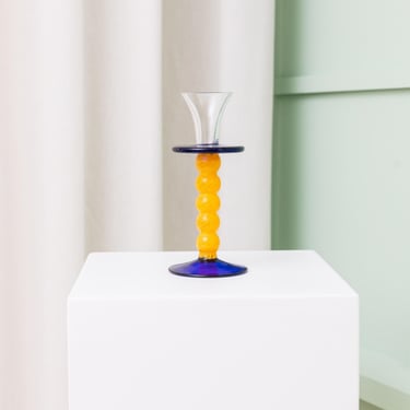 Murano Glass Candle Holder - Yellow Blue - Postmodern Memphis Design - Italy 1980s - Retro Table Decor - Colorful Candle - Vintage Gift Idea 