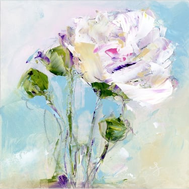 Expressive Oil Painting of White Begonia with Teal and Purple - Expressive Florals - Still Life Oil Painting Square - Daily Painter - 6x6 