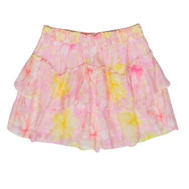 LoveShackFancy - Pink &amp; Yellow Floral Print Tiered Skirt Sz M
