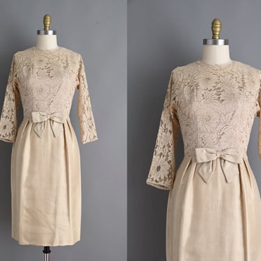 Vintage 1950s Dress | Ann Arnold Lace Silk Beige Champagne Cocktail Party Wiggle Dress | Medium 