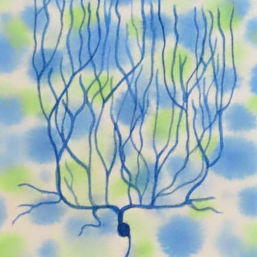 Vintage-style Purkinje Cell in Green and Blue - original watercolor painting of neuron - neuroscience art 