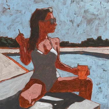 Woman by Pool #3 - Original Acrylic Painting on Canvas 14 x 14 - michael van, summer, figurative 