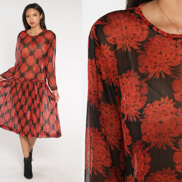 80s Floral Dress Sheer Black Red Bouquet Print Drop Waist Dress Pleated Midi Dress 1980s Long Sleeve See Through Full Skirt Vintage Medium 