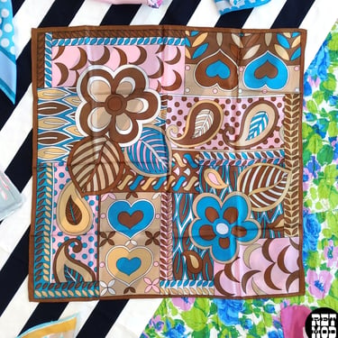 Fabulous Vintage 60s 70s Brown Pink Blue Psychedelic Square Scarf with Hearts & Flowers 