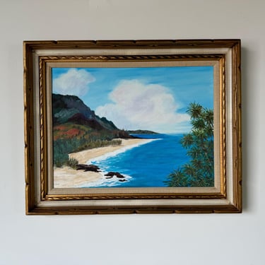 1978 Opal Keen Impressionist Tropical Seashore  Landscape Oil Painting, Framed 