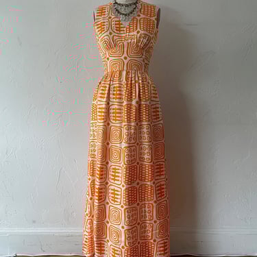 Vintage 70s Empire Waist Orange Print Maxi Dress S