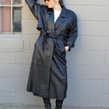 North Beach Leather, Long Leather Coat, Vintage Michael Hoban, Black Leather Trench Coat, M Women, Dolman Sleeve 