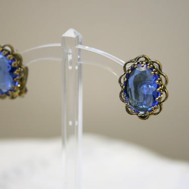 1950s West German Blue Rhinestone Clip Earrings 