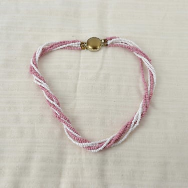 DDR Vintage Glass Necklace Collier Cord 6-Strand Chain 60s 70s Mid Century Glass Beads White Pink Jewelry Accessories Design 