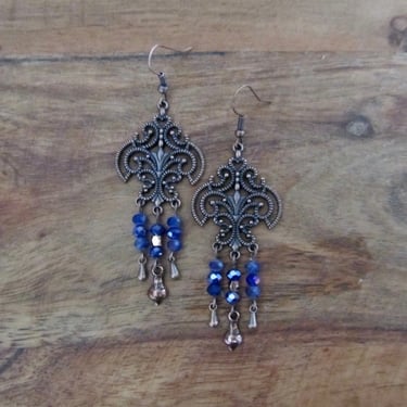 Antique copper filagree chandelier earrings, periwinkle crystal earrings 