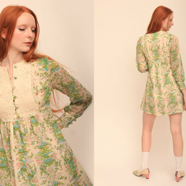 Vintage 1960s Joseph Magnin Hyacinth Floral Garden Mini Dress w/ Balloon Sleeves and Lace 