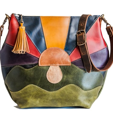LIMITED EDITION Patchwork Mushroom Boho Curved Leather Tote Bag | Only a few Available | Lined with Zipper and Tassel 