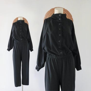 cotton knit button jumpsuit - s - vintage 80s 90s black casual minimal long sleeve comfortable pants trousers womens size small coveralls 