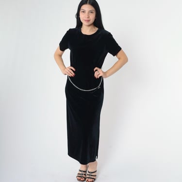 Vintage Black Velvet Dress 90s Midi Chain Belt Party Short Sleeve Shift Scoop Neck Side Slit Cocktail Gothic Witch Goth Medium 8 Petite 