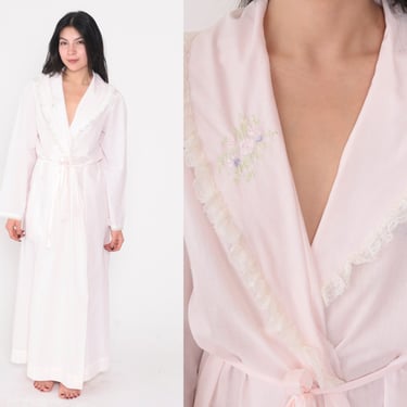 Long Pink Robe 70s Lewis Frimel Lingerie Jacket Maxi Lace Floral Embroidered Peignoir Long Sleeve Tie Front 1970s Vintage Small Medium Large 