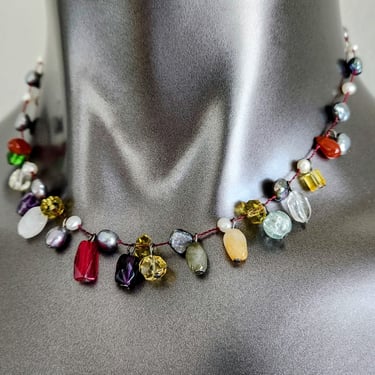 Multi-Gemstone Necklace 16" Choker~Vintage Necklace, Gems & Pearls~Sterling Clasp 