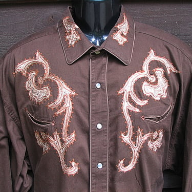 Rockmount Ranch Wear Vintage Western Retro Men Cowboy Rodeo Concert Shirt Brown with Embroidered Floral Designs XXLarge (see meas. photo) 