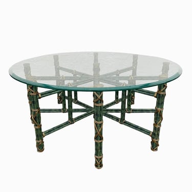Maitland-Smith Coffee Table with Round Glass Top, Green Steel and Gold Brass  - Old World Luxury Hollywood Regency Style Furniture 
