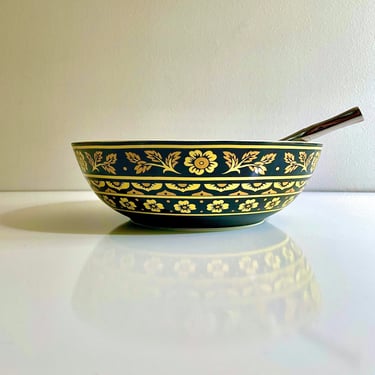 Vintage Large Serving Bowl, Sevilla Bidasoa by Block, 1969, Yellow and Gold Flowers on Matte Black - Mid Century Modern Porcelain China 