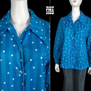 Pop Art Vintage 70s Blue & White Polka Dot Long Sleeve Collared Button Down Shirt - PLUS SIZE 