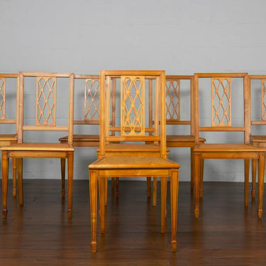 Antique French Neoclassical Louis XVI Satinwood Inlaid Cane Dining Chairs - Set of 8 