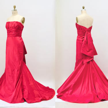 90s 2000s Vintage Strapless Red Silk Gown Dress Evening Ball Gown Small Medium Melinda Eng Strapless Gown Dress Long Red Train Dress 