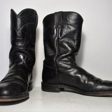 Vintage 1980s Justin Roper Cowboy Boots, Black Leather, Size 8B Women 