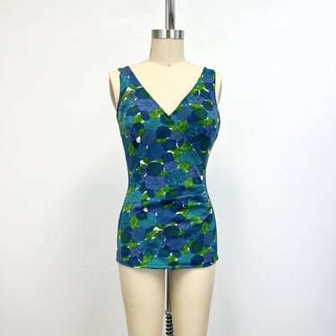 Vintage 60s Bathing Suit | Womens One Piece Swim Suit | Blue Floral Size 36C 